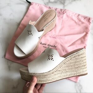 Kate Spade Tia Tenley Espadrille Wedge Sandal White Leather Laser Cut